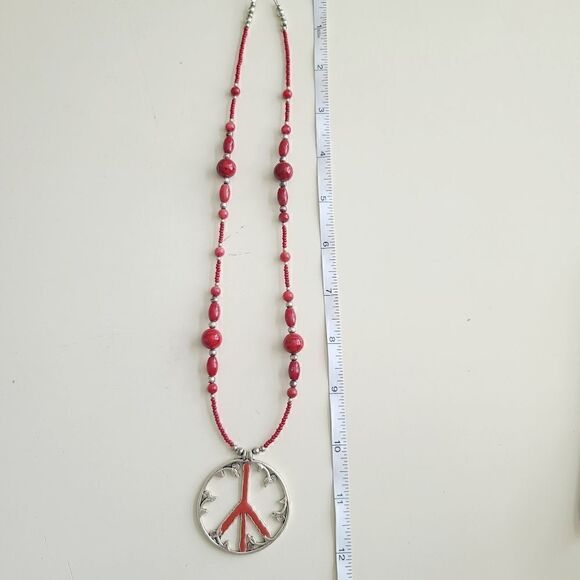 Handcrafted Silver and Red Peace Symbol Necklace - Picture 3 of 4